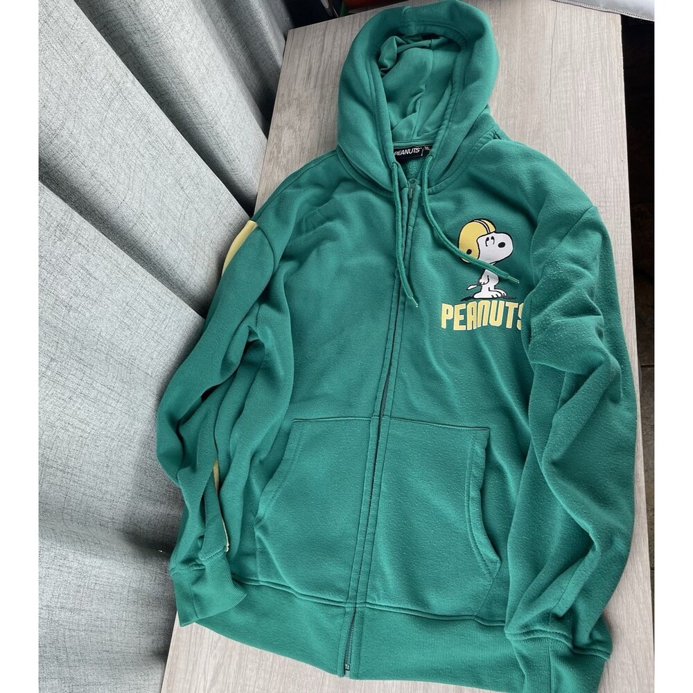 Peanuts Snoopy Football Full Zip Hoodie Green w/ Yellow Stripes Large Womens
